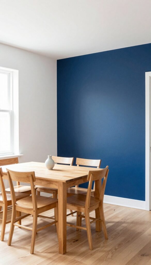 Small open-concept kitchen and living room with a navy blue accent wall in the dining nook, creating a defined eating area.