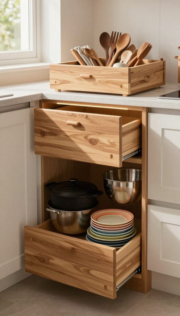 Warm kitchen corner with custom pull-out drawers showing organized cookware and utensils