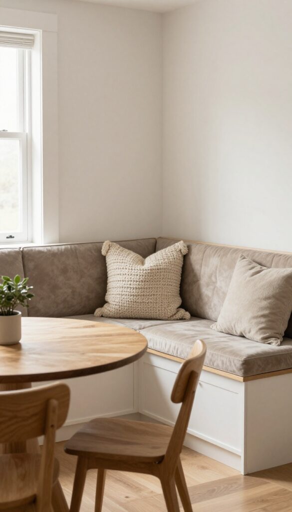 Cozy basement kitchen banquette with storage bench, round table, and pillows in warm textures