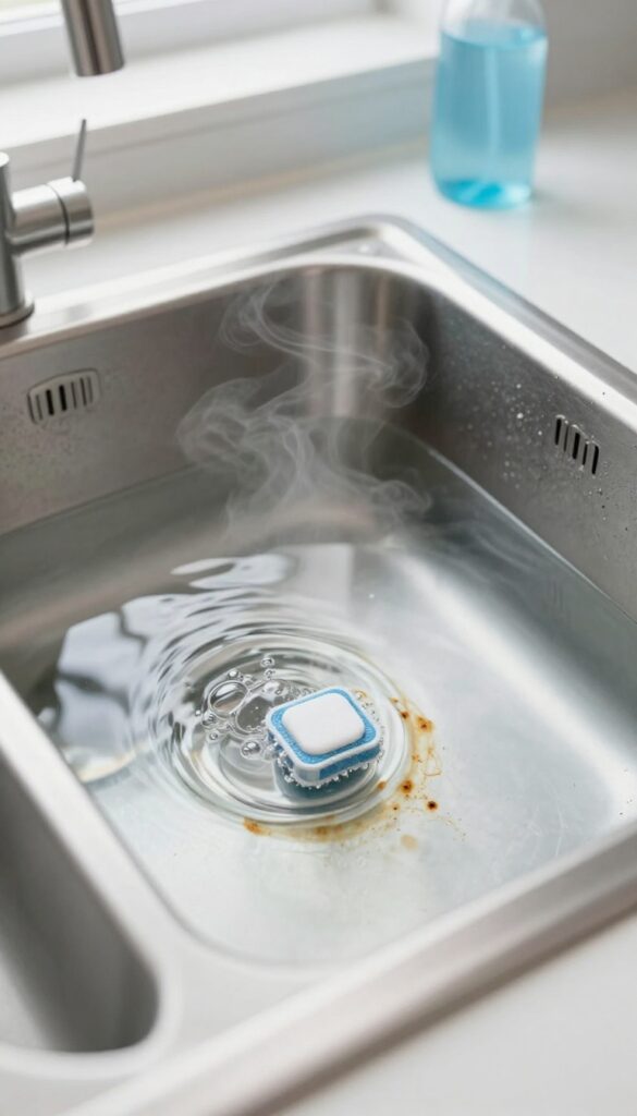 Baking sheet soaking in hot water with dishwasher detergent to remove burnt stains
