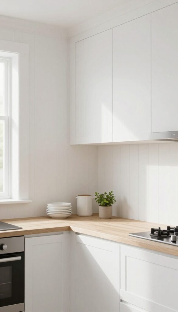 White beadboard paneling backsplash in a small kitchen with natural light and a stove