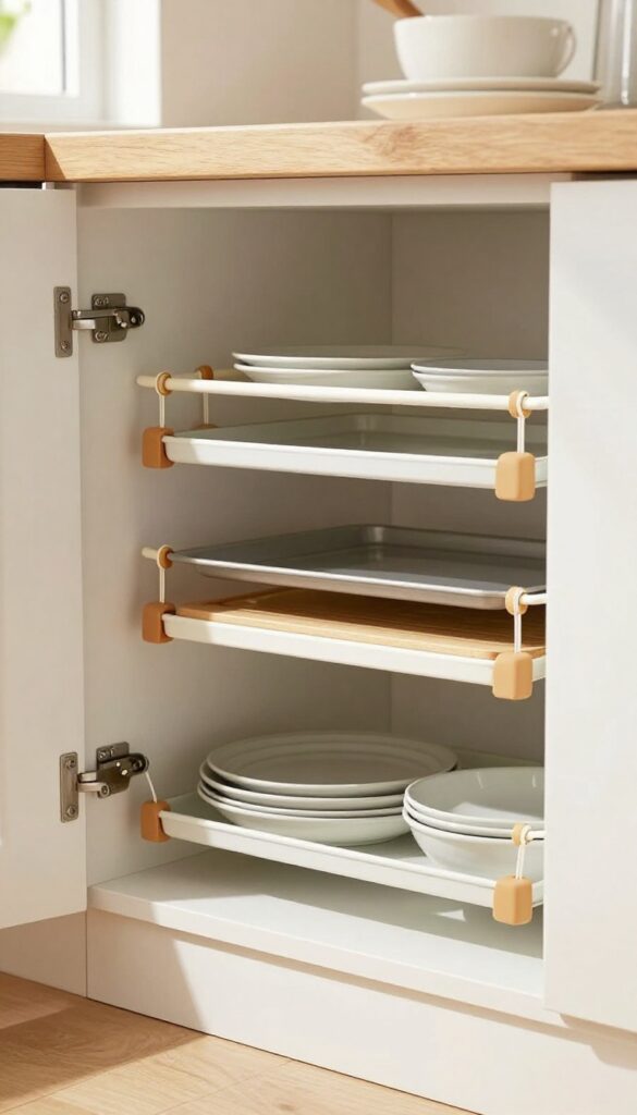 Open kitchen cabinet with vertical and horizontal tension rods organizing baking sheets and pot lids