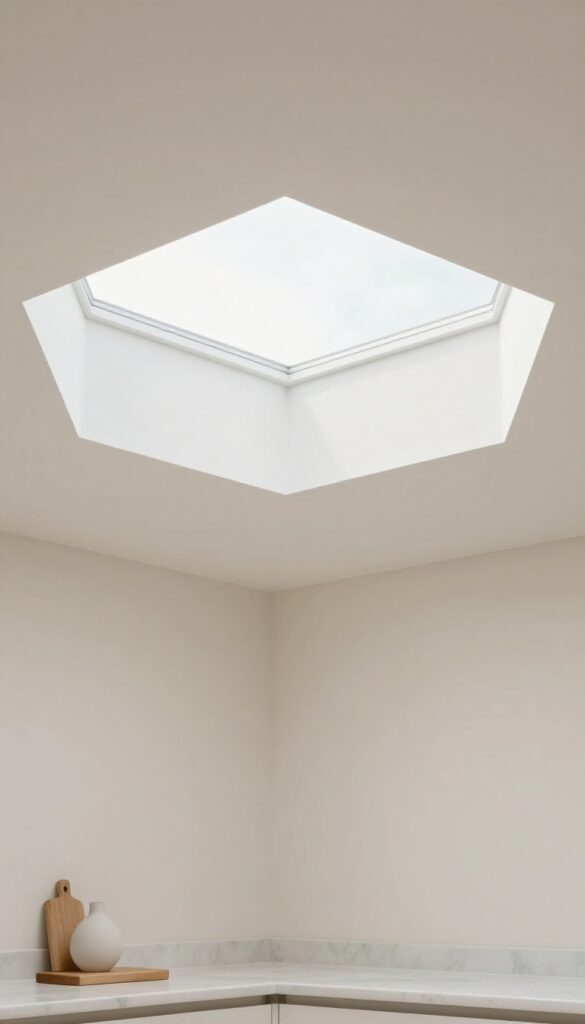 Decorative skylight with patterned frosted glass in a kitchen, diffusing soft natural light
