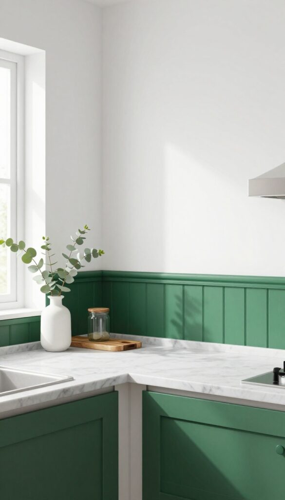 Small kitchen with dark green wainscoting, white upper walls, beadboard panels, chair rail, and natural light