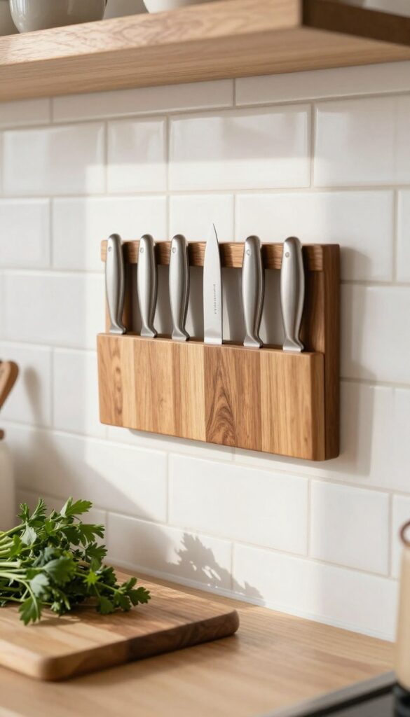 Close-up of a wooden magnetic knife strip on a tiled kitchen backsplash, holding knives neatly, with natural light and a cozy feel.