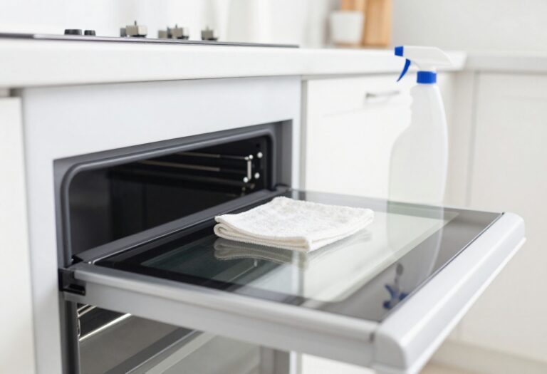Sparkling clean oven door glass with cleaning supplies