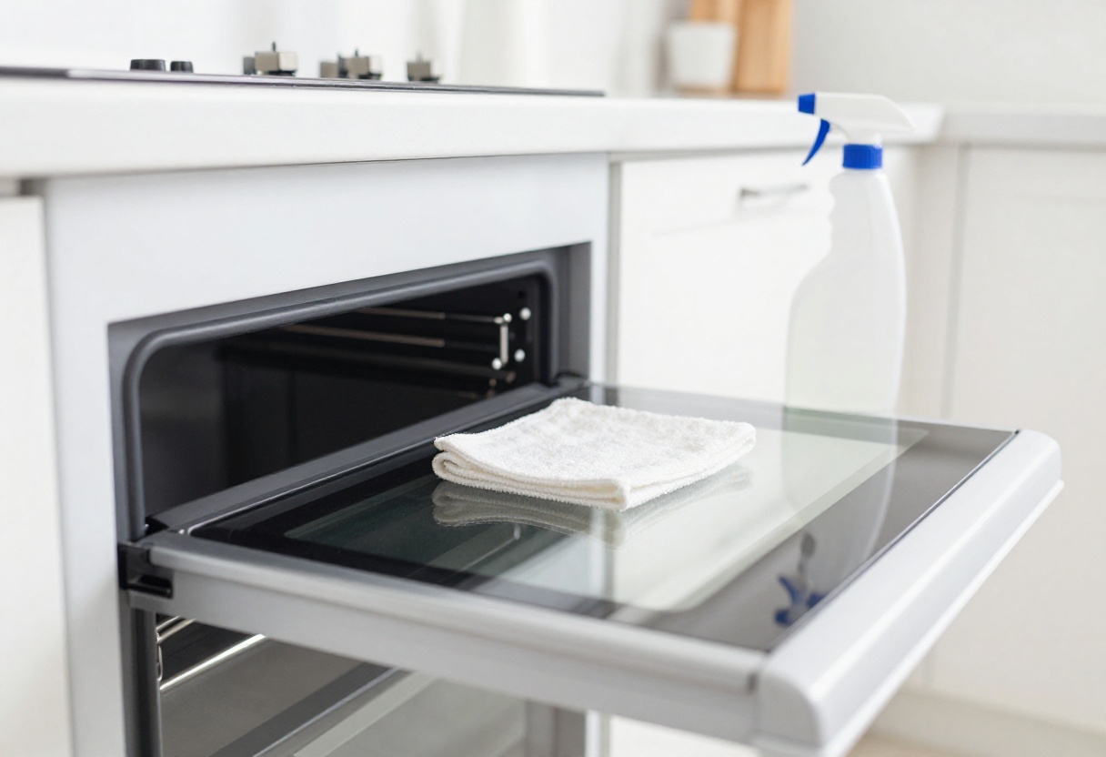 Sparkling clean oven door glass with cleaning supplies