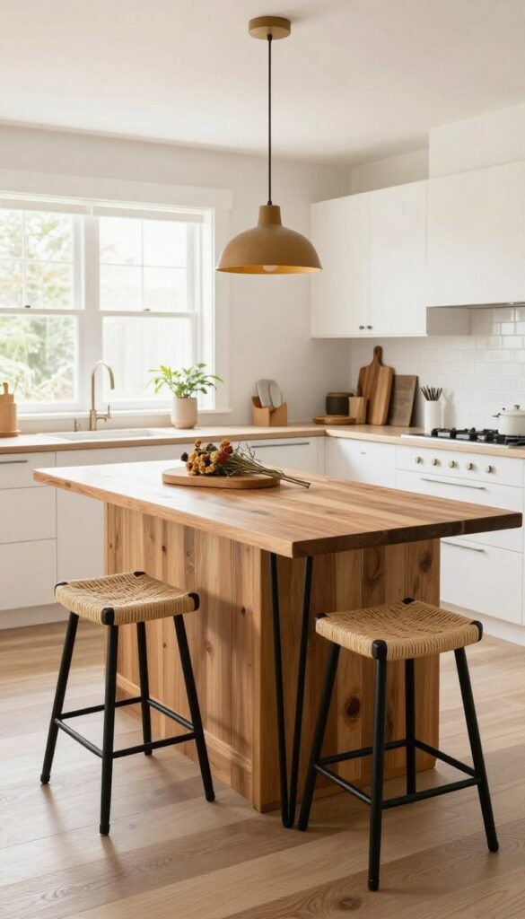 Kitchen island with black hairpin legs and reclaimed wood top in a bright, airy mid-century modern kitchen