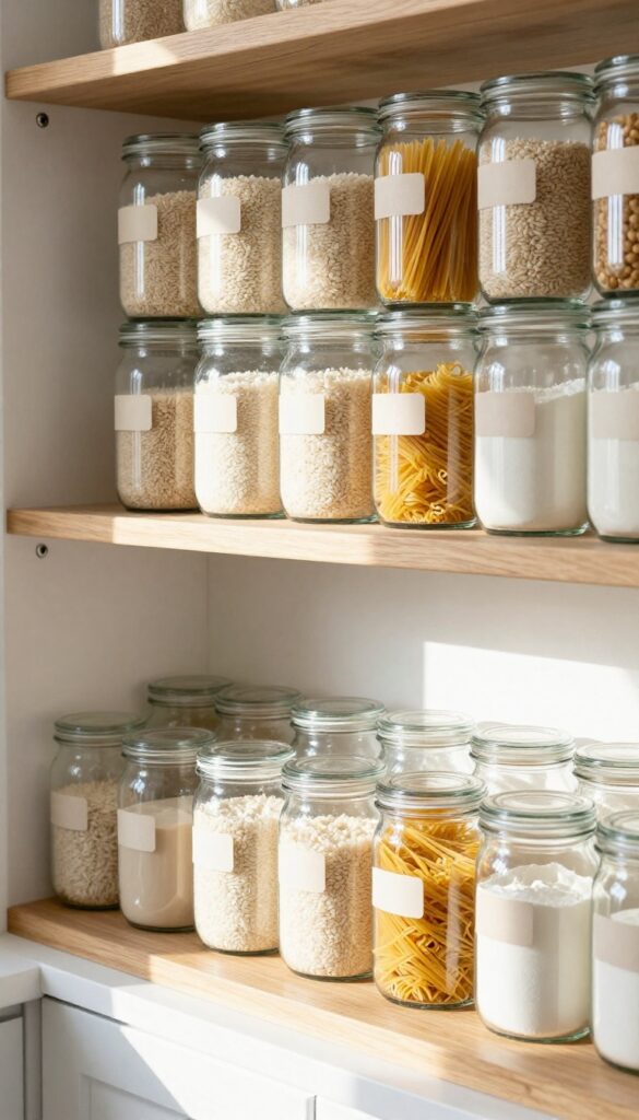 Clear glass jars for dry goods organized on open pantry shelves