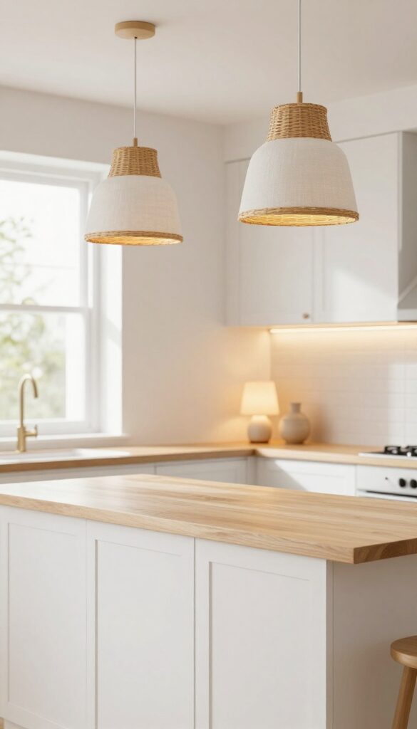 White and wood kitchen with layered lighting including rattan pendants, under-cabinet warm LED strips, and a small accent lamp on a shelf.