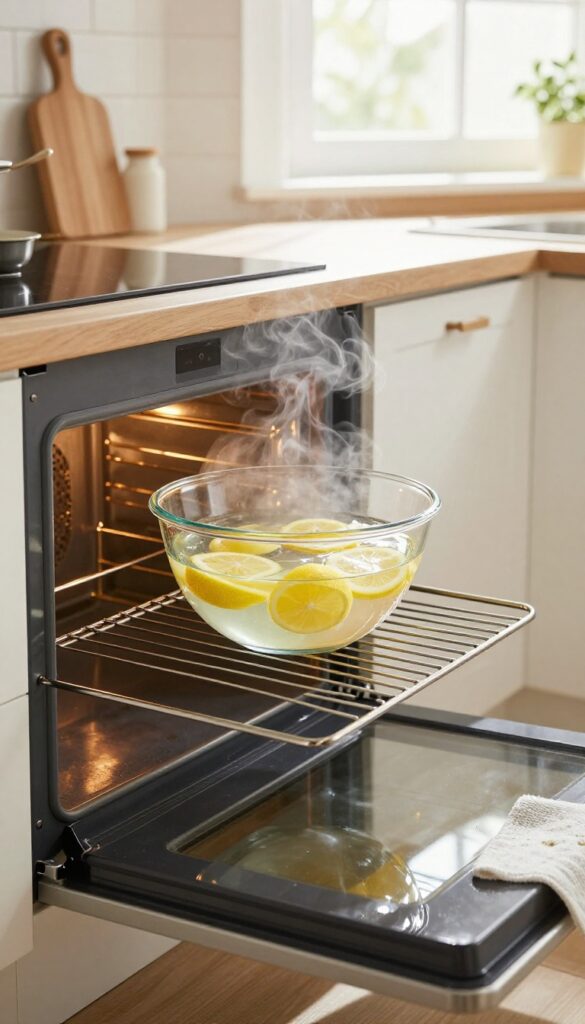 Steam cleaning oven with water and lemon slices in a bowl