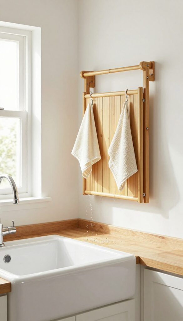 Fold-down bamboo drying rack above a kitchen sink in a shared laundry corner, with garments air-drying and natural light