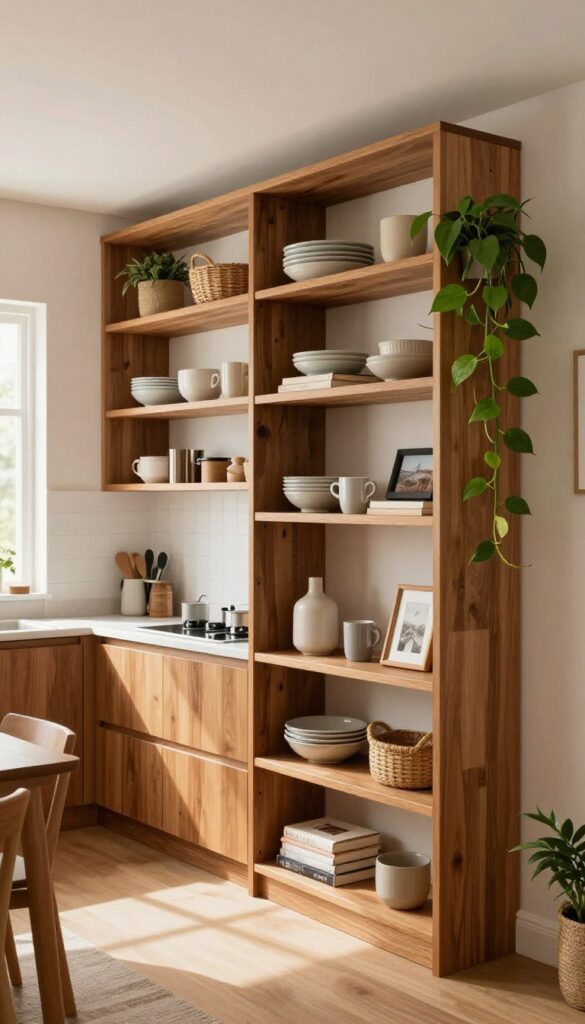 Open shelving room divider in a small open-plan kitchen and living room with warm wood, ceramics, and plants.