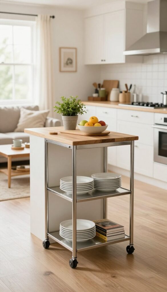 A rolling cart used as a mobile kitchen island in a small open-plan kitchen and living room