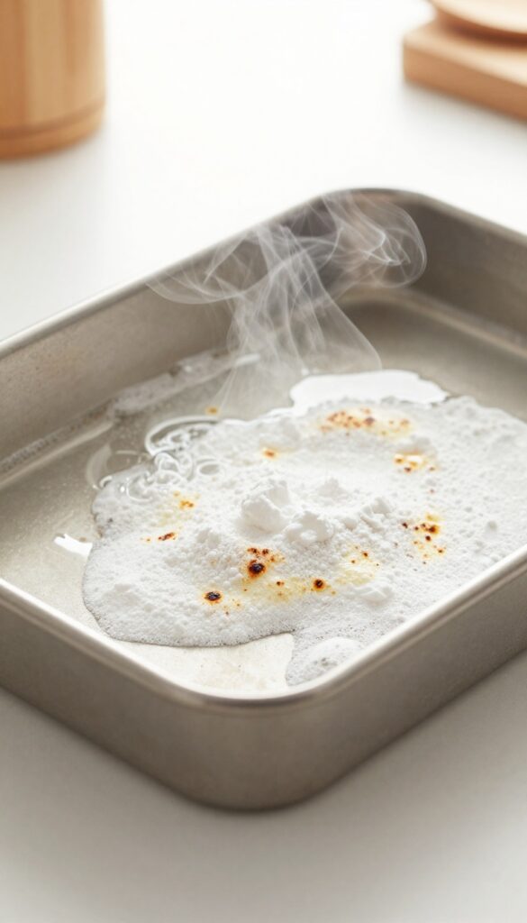 Baking sheet soaking in boiling water with baking soda to remove burnt stains