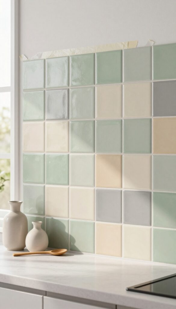 Close-up of a painted faux tile backsplash in a small kitchen with sage green, cream, and greige squares, natural light, clean composition