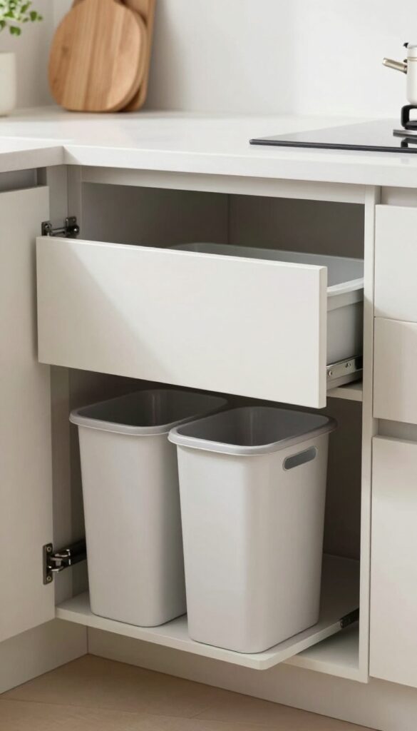 Pull-out trash can drawer at end of kitchen cabinet, open to show two bins, matching cabinet fronts, bright natural light, clean and organized kitchen storage