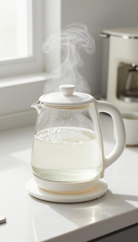 Descaling a kettle with vinegar and water solution in a bright kitchen