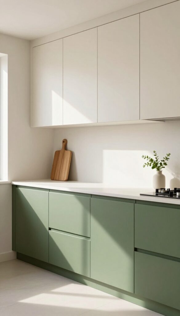 Two-tone kitchen cabinets with light cream uppers and sage green lowers, natural light, clean composition