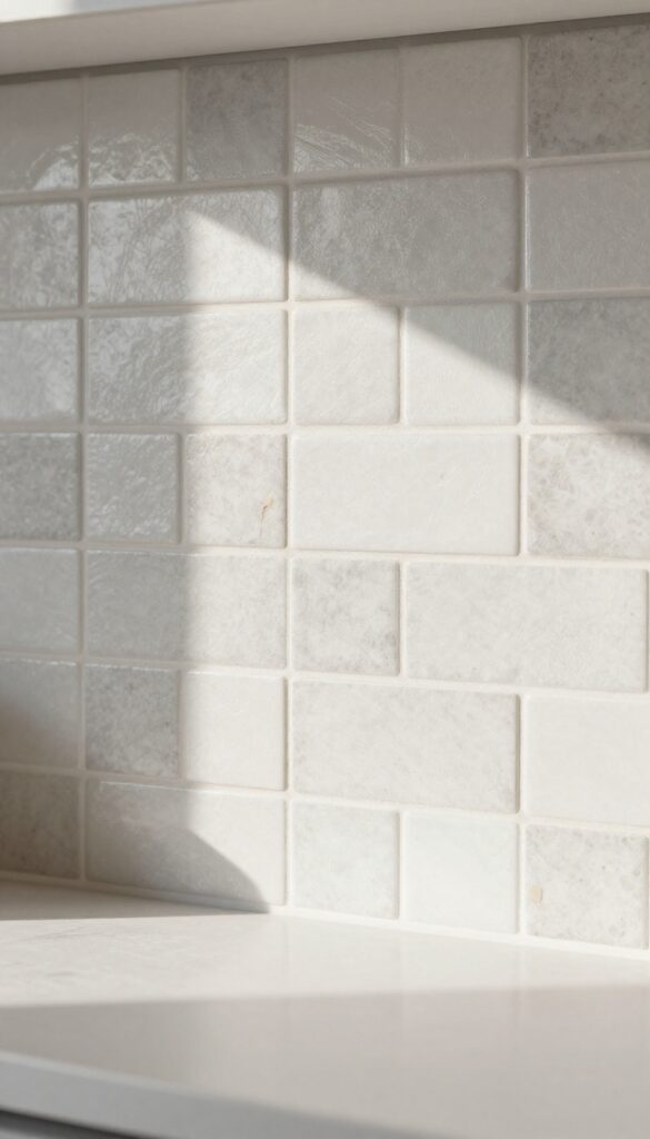 Textured white and grey backsplash tiles in a kitchen