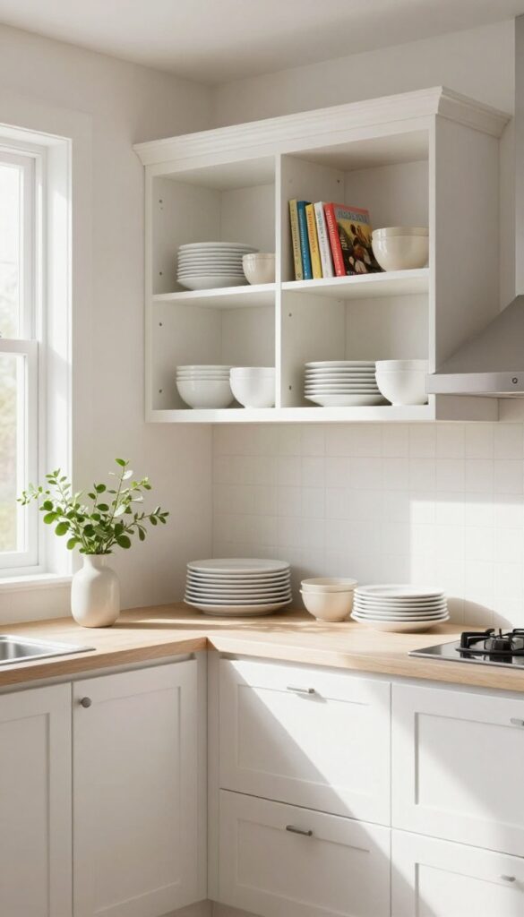 Kitchen with open shelving on upper cabinets displaying white plates, ceramic bowls, and colorful cookbooks