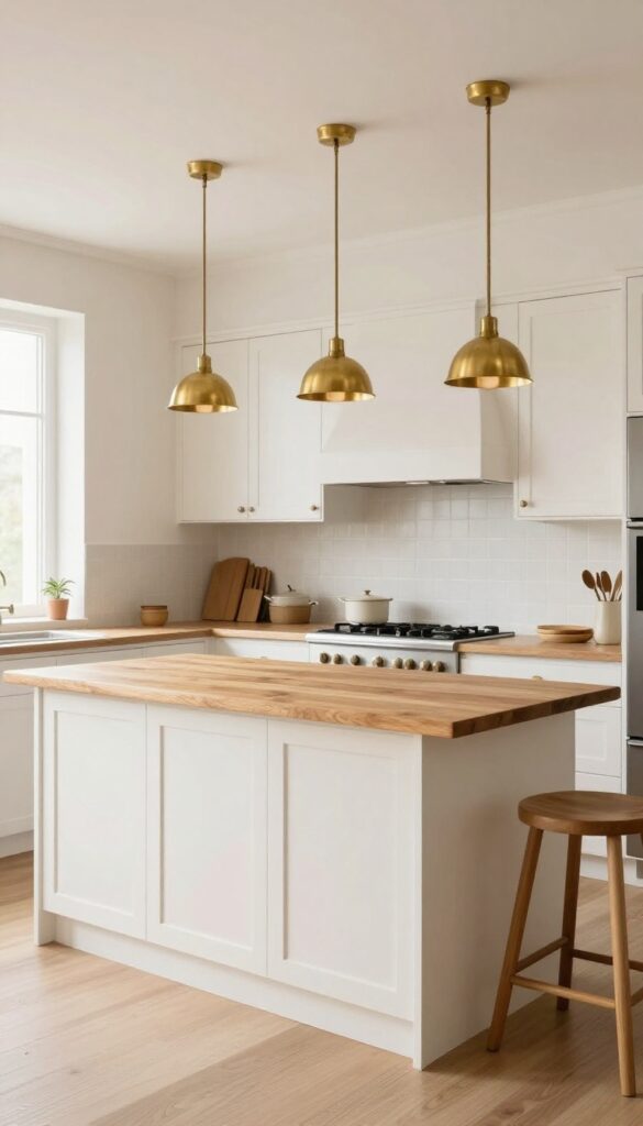 Two-tone kitchen peninsula with white base and warm butcher block seating side, pendant lights above