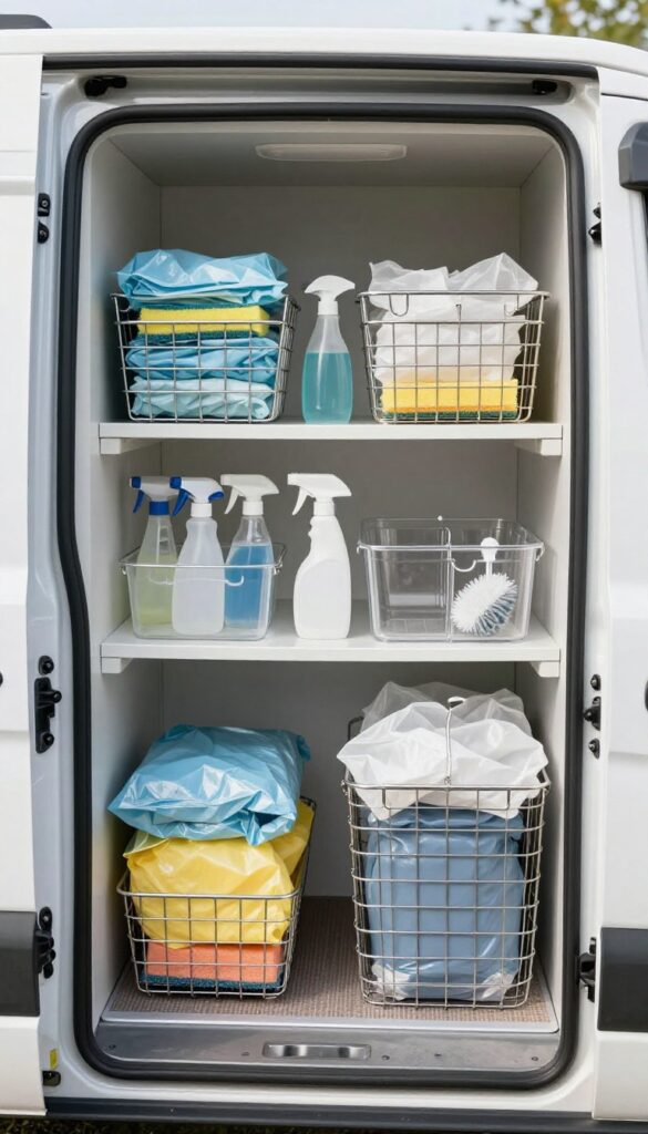 Under-sink campervan cabinet organized with wire baskets, clear bins, and a tension rod holding spray bottles.
