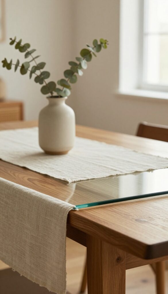 Close-up of a wooden dining table with a custom glass top, table runner, and eucalyptus vase in a cozy sunlit dining room.