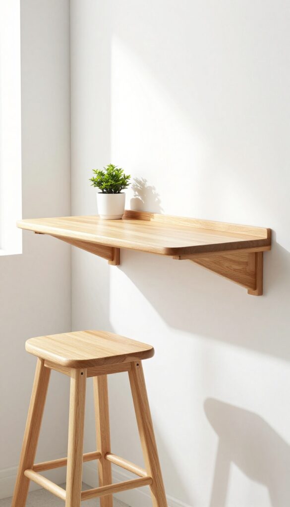 Fold-down wall table in a tiny kitchen, light oak finish, stool tucked underneath, natural light