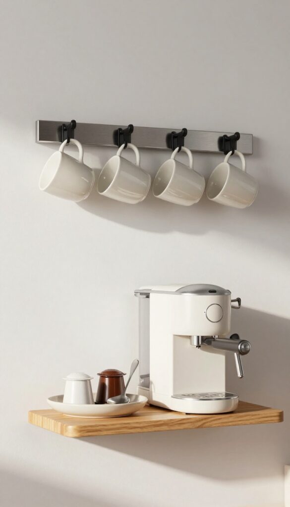 Magnetic knife strip holding mugs above a coffee maker on a floating shelf