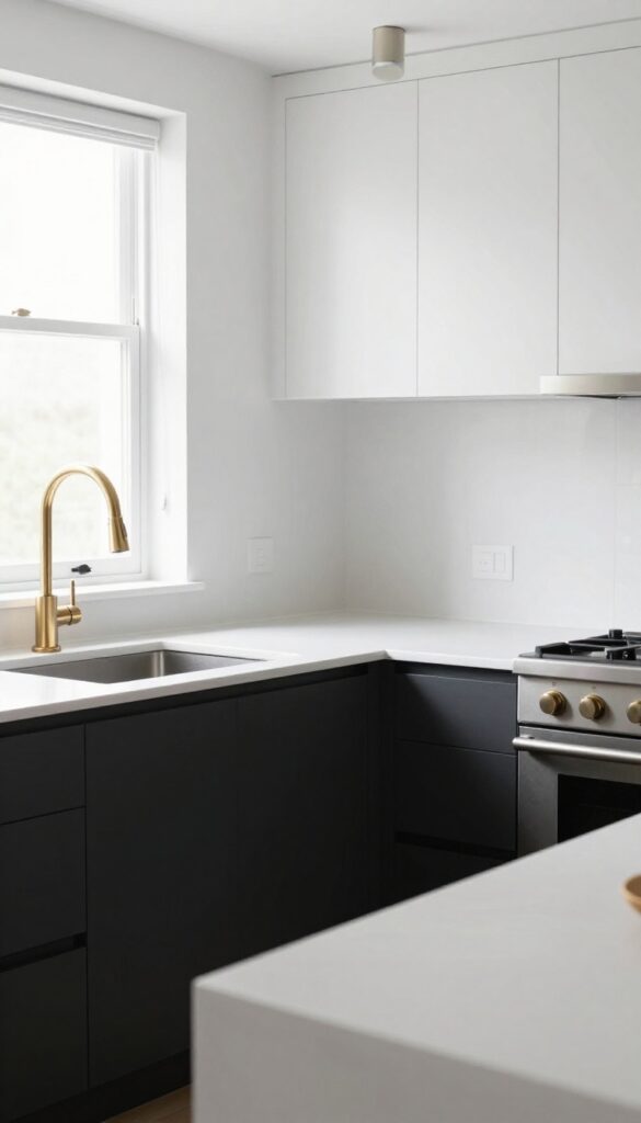 Black and white kitchen with mixed metal finishes including matte black hardware, brass faucet, and chrome lights