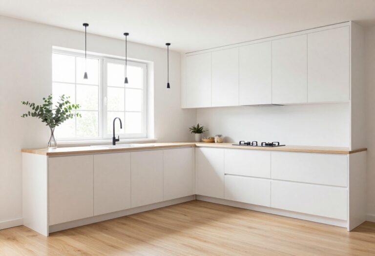 Light and airy rectangular kitchen with white cabinets, pendant lights, and natural light