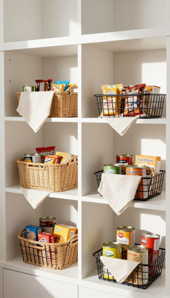 Woven and wire baskets neatly organizing grouped food items on deep pantry shelves in a bright L-shaped pantry.