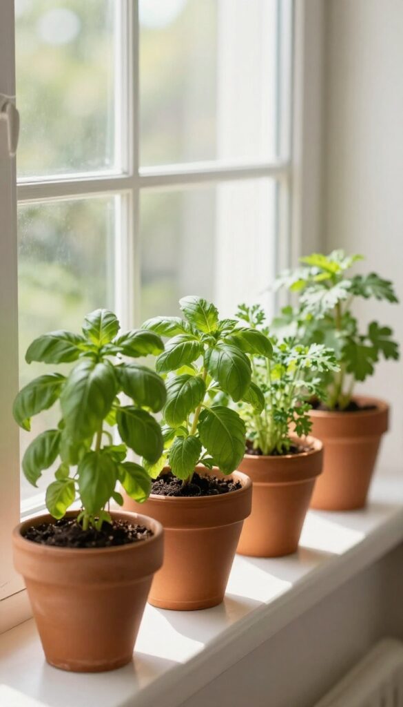 Sunlit kitchen window sill with small pots of fresh herbs, including basil, mint, chives, and parsley, arranged neatly against the window glass.