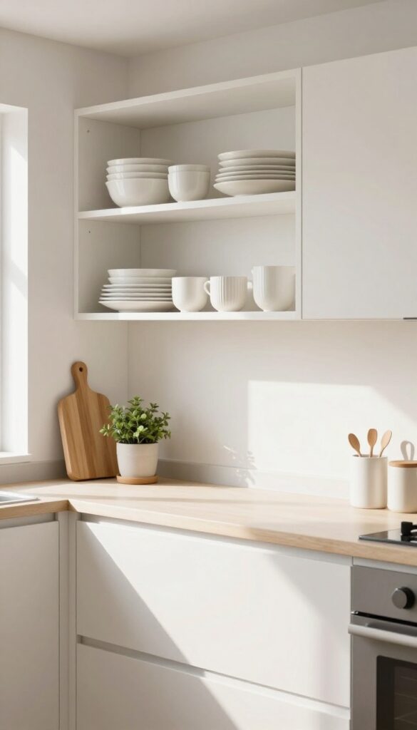 Open shelving in a rental kitchen with neatly styled white dishes and a small plant