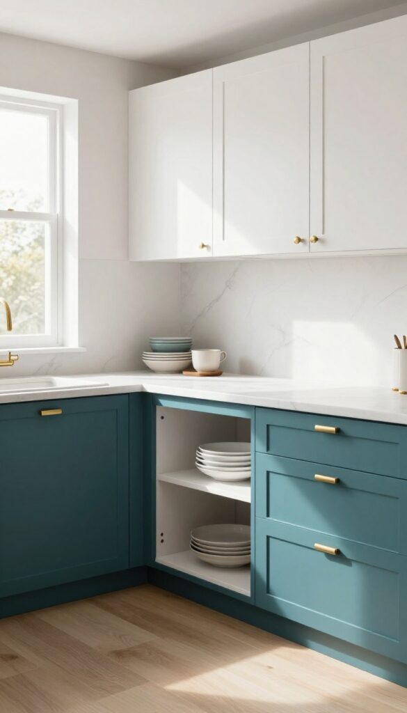 Modern kitchen with teal lower cabinets and white upper cabinets, brass hardware, pull-out pantry, and open shelving.