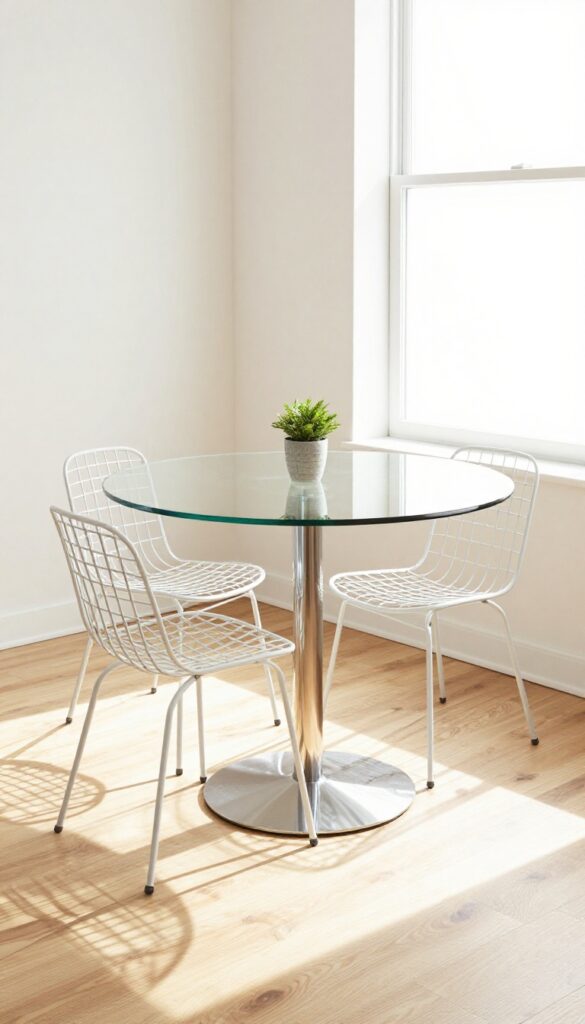 Bright kitchen breakfast nook with round glass table on chrome base and white wireframe chairs, natural light, airy feel