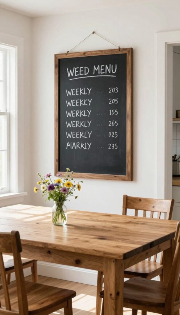 A farmhouse kitchen table with a dark wood framed chalkboard above it displaying a weekly menu, accompanied by a vase of wildflowers, in bright natural light.
