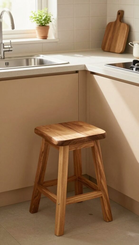 A small wooden stool placed beside a kitchen sink in a warm, cozy Indian kitchen, adding comfort and charm.