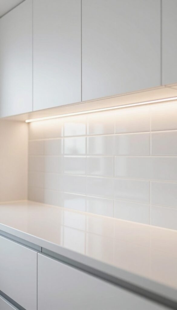 Under-cabinet LED strip lighting illuminating a kitchen countertop with glossy subway tile backsplash
