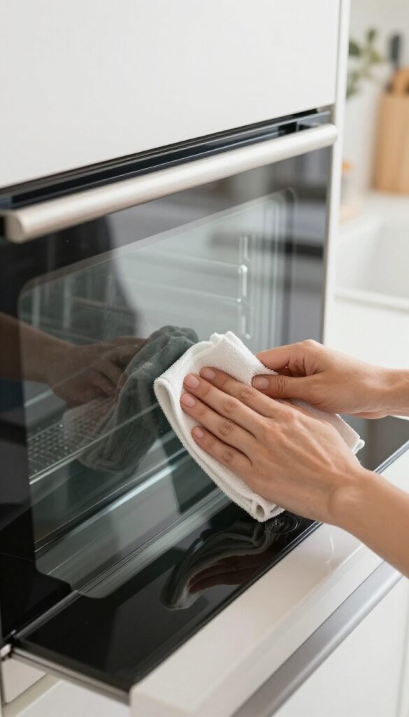A person cleaning an oven glass window with the door removed and laid flat on a towel.