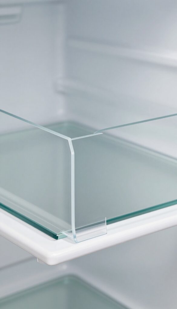 Clear silicone shelf liner on a clean refrigerator shelf, lifted at the corner to show easy removal.