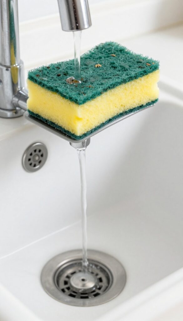 Cleaning the rubber splash guard of a kitchen sink drain with a bleach solution to remove mold and mildew.