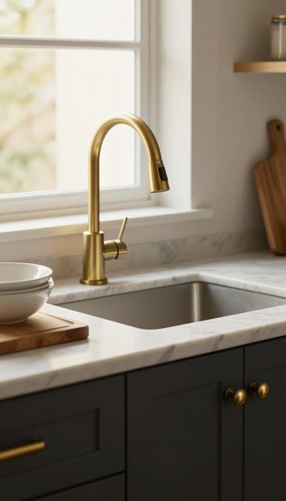 Kitchen vignette with mixed metal finishes including brass faucet, chrome stools, and black hardware