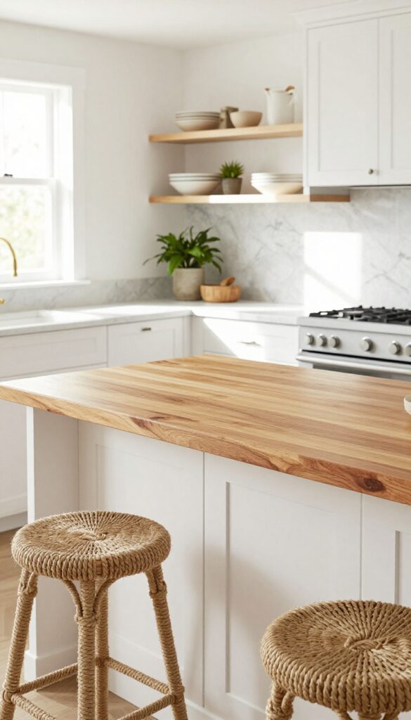 White kitchen island with a wood top and two stools in a bright, airy kitchen