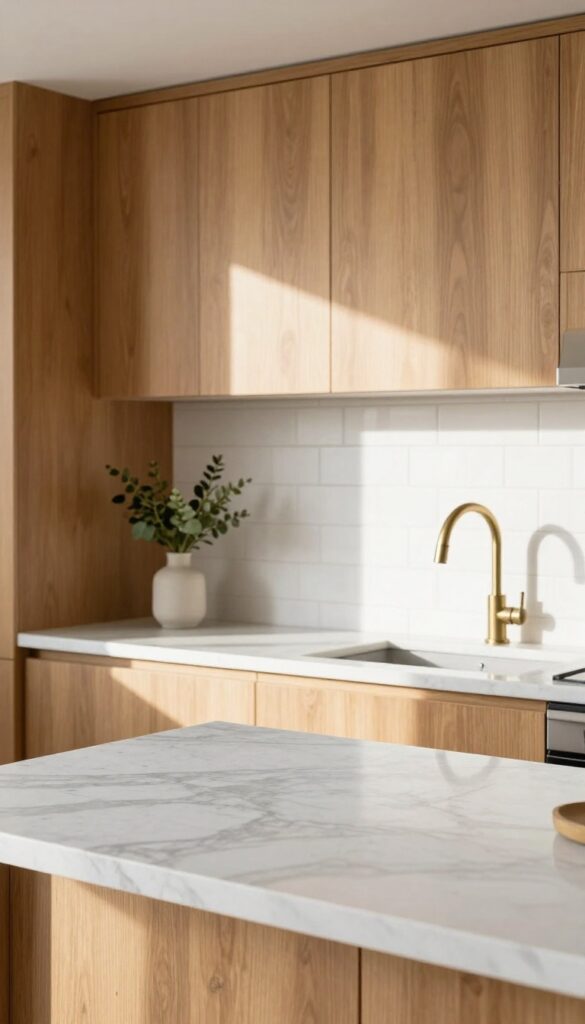 Honed Carrara marble countertop in a bright kitchen with warm wood cabinets and brass fixtures
