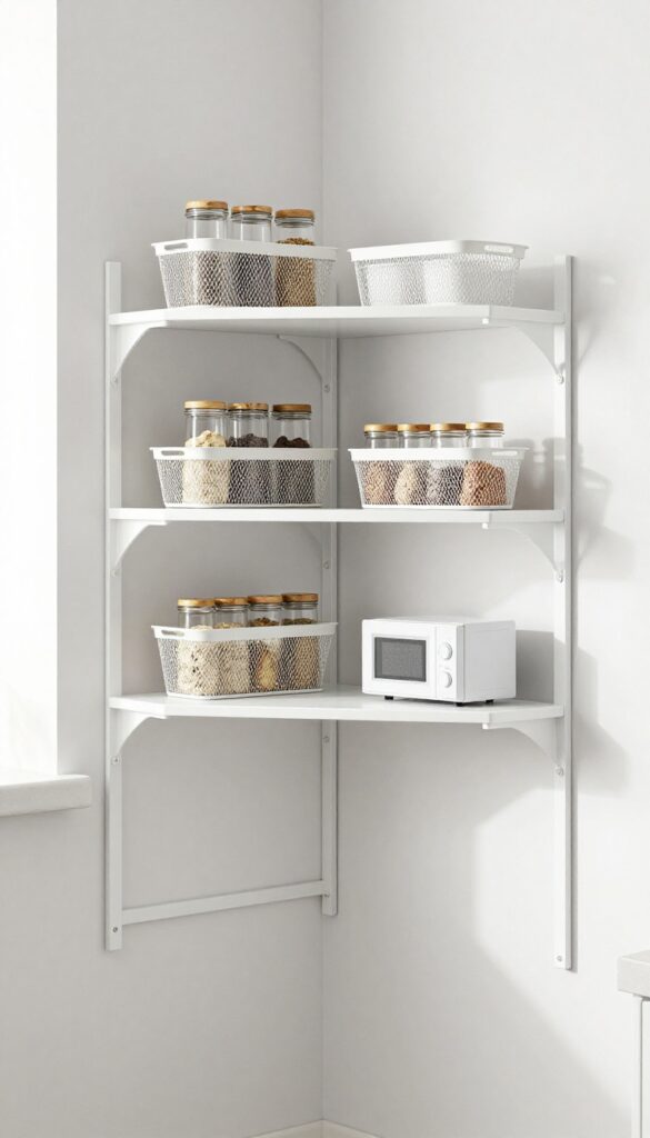 Over-the-door shelving unit in a kitchen corner holding a microwave and organized baskets