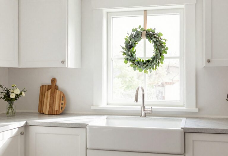A slim eucalyptus wreath hanging on a kitchen wall beside a window, with natural light and a clean countertop below.