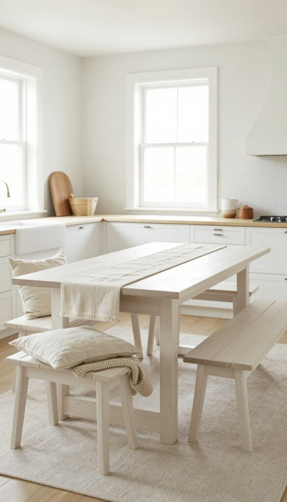 Extendable wooden table with slatted benches in a light and airy kitchen, set with a linen runner and cushions, cozy throw draped on bench.