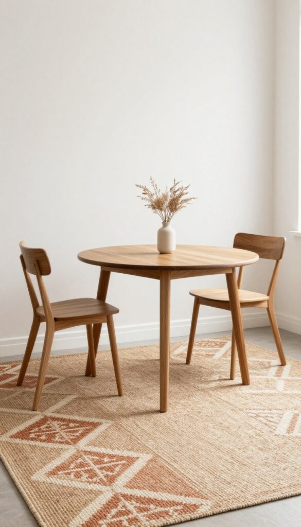 Layered rugs under a small kitchen table: a large neutral jute base rug with a smaller patterned geometric rug on top, defining the dining zone in a bright, airy kitchen.